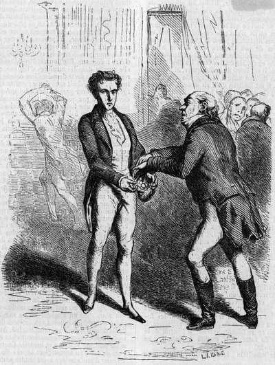 Rastignac zawroty głowy pozwala siwowłosemu mężczyźnie wziąć dziesięć ludwików. Grawerowanie w połowie XIX wieku. Ilustracja do „Ojca Goriota” Honore de Balzac (1799-1850). autorstwa French School