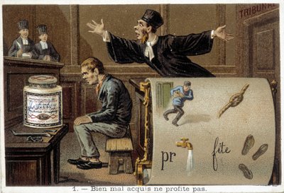 Rebus i scena ilustrująca przysłowie „Well mal acquis ne jamais profit” - chromo. Liébig autorstwa French School