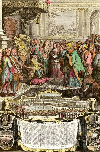 Przyjęcie Mehemeta Effendi tureckiego ambasadora wielkiego sułtana Achmeta przez Ludwika XV 21 marca 1721 r. w Tuileries. Rycina z XVIII wieku. Kolekcja prywatna. autorstwa French School