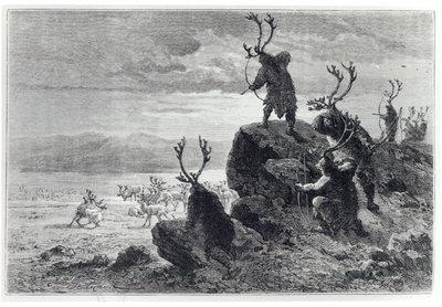 Polowanie na renifery w epoce kamienia, ilustracja z LHomme Primitif, Louis Figuier (1819-94) opublikowana przez Hachette, 1870 autorstwa French School