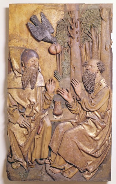 Relief przedstawiający św. Antoniego odwiedzającego św. Pawła na pustyni, z Kaplicy Starego Szpitala w Colmar (pozłacane drewno) autorstwa French School