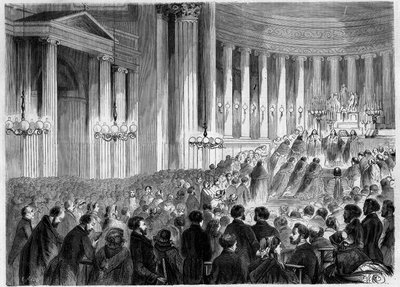 Ceremonia Religijna, Paryż, Noel 1857: odprawienie pasterki w kościele św. Magdaleny. Grawerowanie w „”Le Monde Illustré””n°38 z 2 stycznia autorstwa French School