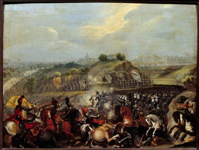 Wojny religijne: „”Henryk IV w bitwie pod Ivry 14/03/1590” Bitwa pod Ivry 14/03/1590 była świadkiem zwycięstwa armii królewskiej nad Ligą Katolicką. Został tam ranny Maksymilian z Bethune, książę Sully, minister króla. Malarstwo frene autorstwa French School
