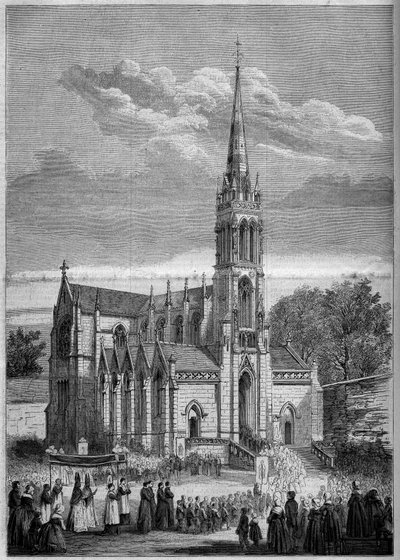 Architektura sakralna: widok ogólny kościoła Monfort le Retrou (dziś Montfort le Gesnois w Sarthe (72), dzień jego inauguracji w 1858 r. Ze szkicu pana Moulina. Grawerowanie w „”Le Monde Illustré”” n ° 77 z dnia 2 października 1858 r. autorstwa French School