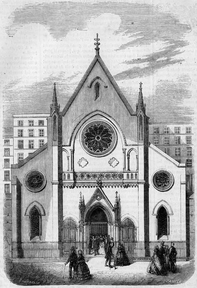 Architektura sakralna: widok fasady Świątyni dla Amerykanów mieszkających w Paryżu, rue de Berry, w 1857 roku. Budynek wybudowany przez architekta pana Salmona. Grawer w „Le Monde Illustré” nr 33 z 28 listopada 1857 r. autorstwa French School