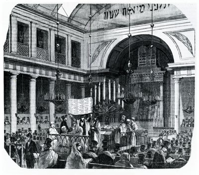 Ceremonia religijna w starej paryskiej synagodze na Rosz Haszana, ilustracja z Le Tableau de Paris autorstwa Edmonda Texiera, opublikowana w Paryżu, 1852 autorstwa French School