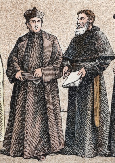 Stroje religijne: z portretu jezuity i brata Wniebowzięcia (członka zgromadzenia augustianów Wniebowzięcia) - Rycina - Stroje religijne w starożytności: od lewej do prawej, portret jezuity i asssum autorstwa French School