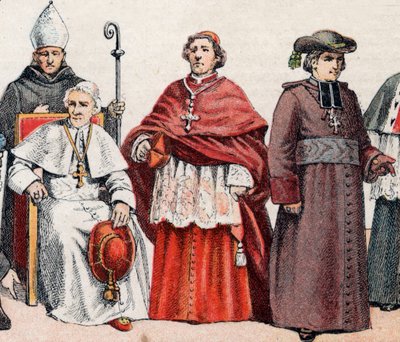 Stroje religijne: od g do d eveque w mitrze i trzymający biskupi tyłek, siedzący papież Leon XIII (Leone XIII), kardynał w jastrychu prałackim (lub cappa magna) i eveque w płaszczu - od l do r, biskup z mitrą i pastorałem, papież L autorstwa French School