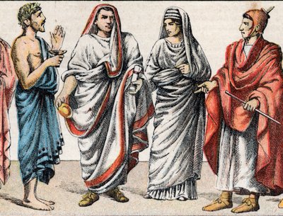 Stroje religijne w starożytności: z portretu greckiego kapłana, ministra spraw ofiarnych, Wielkiego Papieża starożytnego Rzymu (Pontifex maximus), westalki, pretressy starożytnego Rzymu i flaminga (flamen) rzymskiego kapłana oddanego kultowi jednego Bóg autorstwa French School