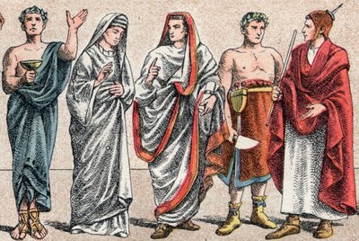 Uskonnolliset puvut antiikin aikana: g a d:sta muotokuva kreikkalaisesta papista, uhripappista, vestaalista, antiikin Rooman pretressistä ja antiikin Rooman suuresta paavista (Pontifex maximus), palvonnasta omistautuneesta roomalaisesta papista ja flaminos autorstwa French School