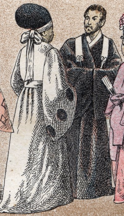 Stroje religijne w Azji: dwóch księży shinto z Japonii - Grawerowanie - Stroje religijne w Azji: dwóch księży shinto z Japonii - Grawerowanie - Kolekcja prywatna autorstwa French School