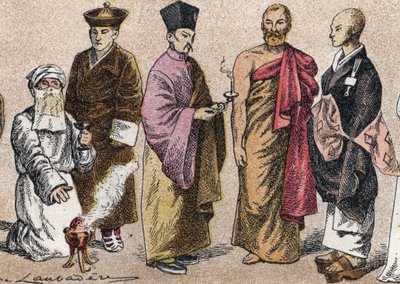 Stroje religijne Azji: od g ad portret księdza Parsiego (parsa lub wyznawcy parsyzmu), Lamy (tybetańskiego mistrza duchowego), chińskiego kapłana buddyjskiego, ceylońskiego bonze i japońskiego kapłana buddyjskiego - Grawerowanie - Stroje religijne w Azji:  autorstwa French School