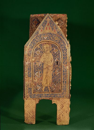 Relikwiarz św. Kalminiusza, fragment św. Piotra trzymającego klucze, Limoges (emalia miedziana i szampańska) autorstwa French School
