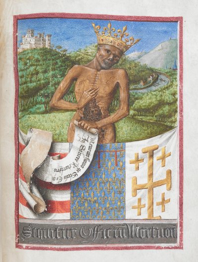 Rene, książę Anjou jako koronowany szkielet, z Księgi godzin Rene z Anjou (welum) autorstwa French School