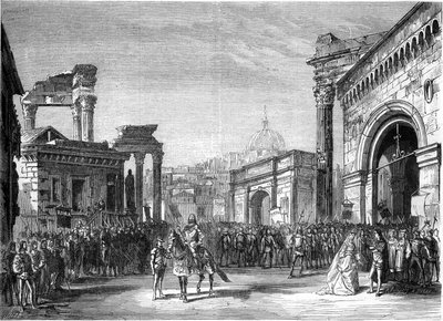 Przedstawienie opery: „Rienzi” Richarda Wagnera (1813-1883). Scena z III aktu (Forum). Paryż, Teatr Liryczny autorstwa French School
