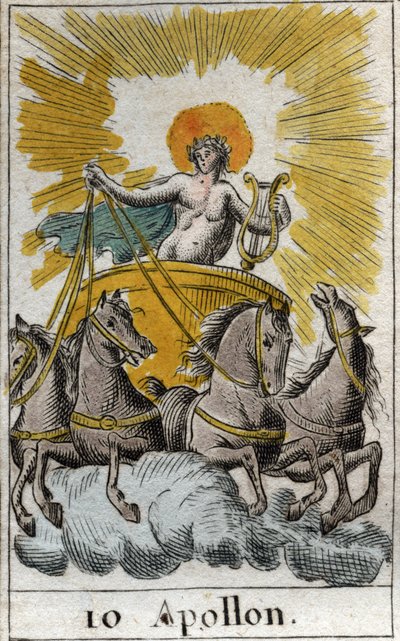 Reprezentacja Apolla, boga śpiewu, muzyki i poezji, na swoim rydwanie (Apollo, bóg światła, muzyki, poezji). Z „Mitologii młodości” Pierre