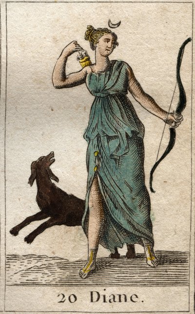 Reprezentacja Diany, bogini łowów, trzyma łuk i strzały (Reprezentacja Diany, bogini łowów). Z „Mitologii młodości” Pierre