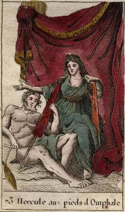 Reprezentacja Herkulesa, kochanka Omphale, rozciąga się na ses pieds, trzymając cenouille (Heracles (Herkules) leżący u stóp zakochanego Omphale, trzymający kądziel) Z „Mythologie de la jeunesse” Pierre Blancharda 1803. autorstwa French School