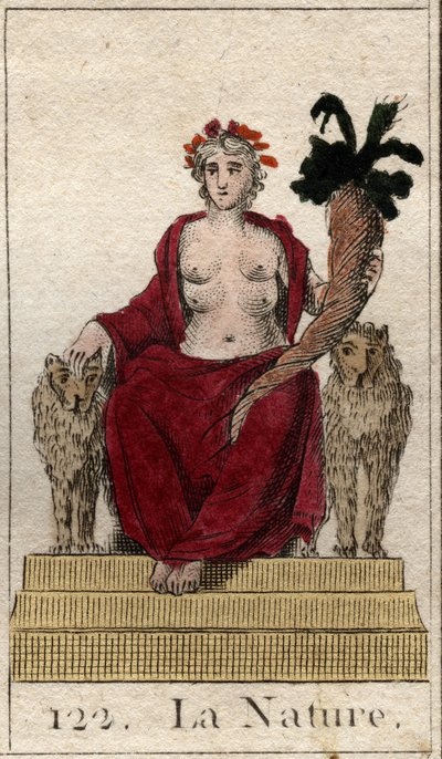 Reprezentacja Natury jako kobieta na tronie z rogiem obfitości, z wieloma piersiami, by nakarmić wszystkie istoty. (Natura jako młoda kobieta z rogiem obfitości i kilkoma sutkami, aby nakarmić wszystkie istoty). Z „Mitologii młodości” Pierre