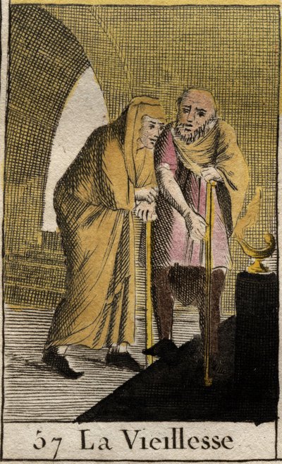 Reprezentacja starości, starej kobiety opartej na patyku. (Reprezentacja Starości, spoczywa na patyku). Z „Mitologii młodości” Pierre