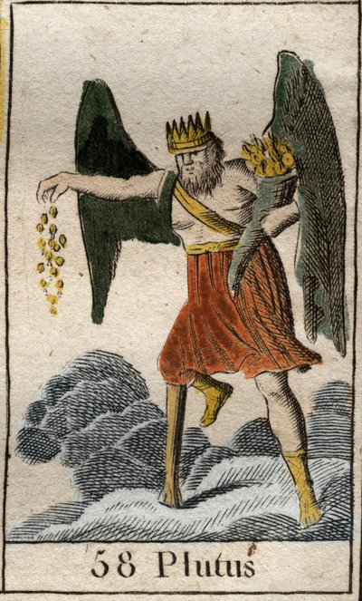 Reprezentacja Plutusa (Ploutos), boga bogactwa, jest koroną i ślepcem, rzuca losowo prezenty. (Reprezentacja Plutusa, boga bogactwa, jest koronowany i ślepy, rzuca dary przypadkowo). Z „Mitologii młodości” Pierre