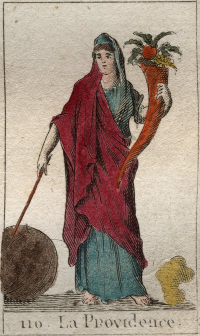 Przedstawienie Opatrzności jako starej kobiety trzymającej róg obfitości, kij i globus. Z „Mitologii młodości” Pierre