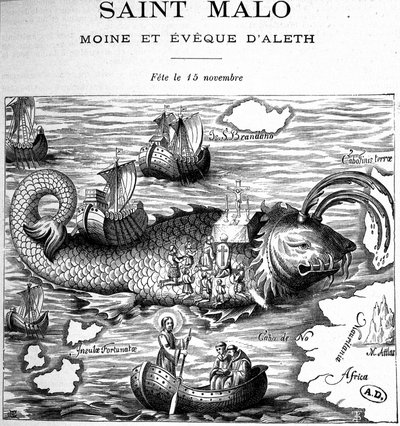 Przedstawienie Saint Malo (Saint Maclou) na grzbiecie wieloryba przedstawione na wzór Saint Brendan (Brandan) przez Clonferta lub Breanainn przez Clonferta (ok. 484-577/578) - rycina autorstwa French School