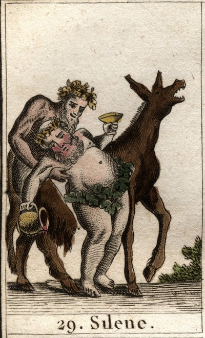 Reprezentacja Silene, towarzyszki Bachusa, pijana, wspierana przez satyrę. (Przyjaciel Bachusa Silenusa, pijany, wspierany przez Młodego Satyra). Z „Mitologii młodości” Pierre