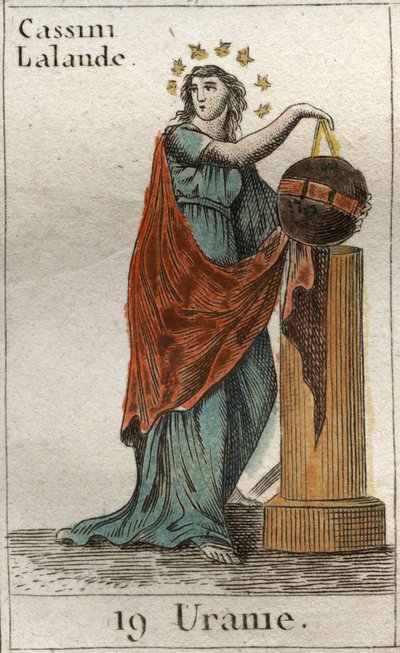 Reprezentantka Urania, muza astronomii i astrologii, trzyma globus i kompas. Z „Mitologii młodości” Pierre