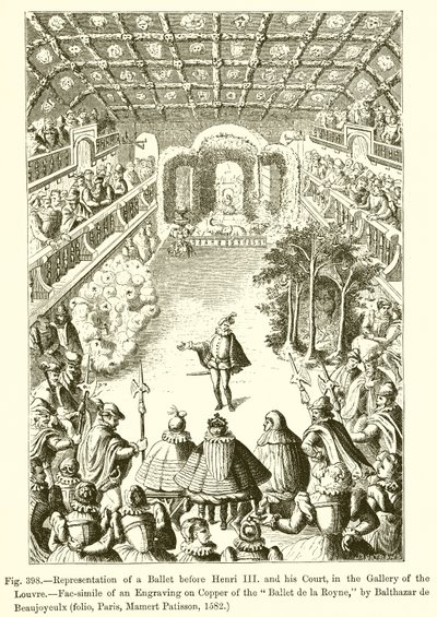 Reprezentacja baletu przed Henrykiem III i jego dworem w Galerii Luwru autorstwa French School