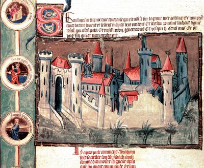 Reprezentacja ufortyfikowanego miasta w regionie Strasburga. Miniatura na zwoju pergaminu „”Genealogia Biblii”” (ms.199) Cremone z XIV wieku, Biblioteca Governativa autorstwa French School