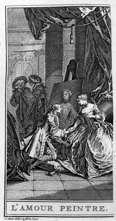 Przedstawienie sceny z utworu „Le Sicilien ou l’amour painter” Jeana Baptiste Poquelin dit Moliere (1622-1673). Grawerowanie z 1740 roku. autorstwa French School