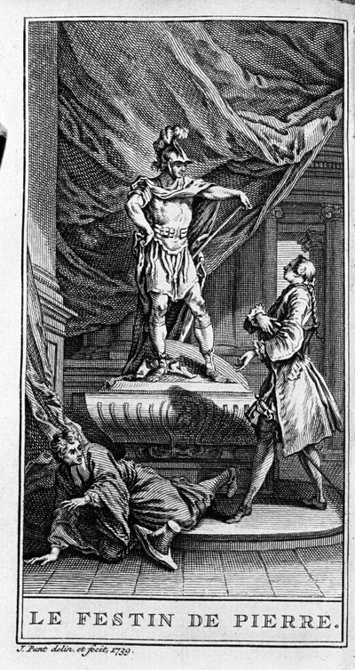 Przedstawienie sceny utworu „Dom juan ou le fen de Pierre” (1665) autorstwa Jeana Baptiste Poquelin dit Moliere (1622-1673). Grawerowanie z 1739 roku. autorstwa French School