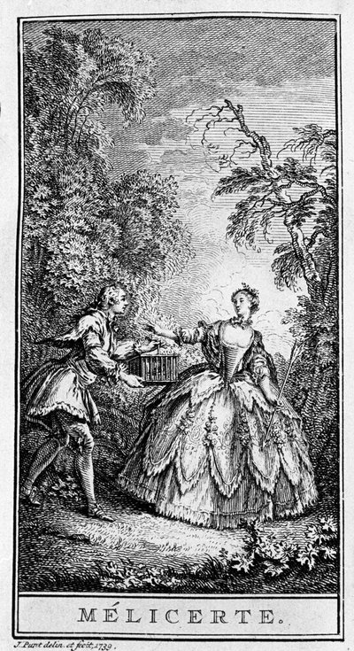 Przedstawienie sceny utworu „Melicerte” (1666) Jeana Baptiste Poquelina dit Moliere (1622-1673). Grawerowanie z 1739 roku. autorstwa French School