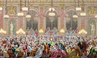 Przedstawienie posiedzenia „Jeu du roi”” na dworze króla Ludwika XV, gra królewska autorstwa French School