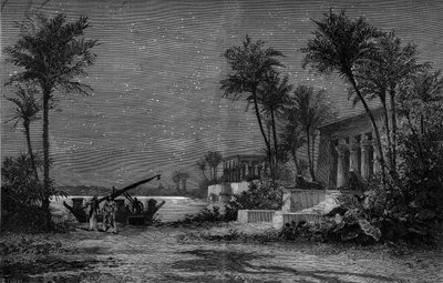 Przedstawienie opery: „”Aida”” Giuseppe Verdiego (1813-1901). Brzegi Nilu (III ustawa). Dekor: Jean Louis Cheret (1820-1882). Grawer Scotta w „”Le Monde Illustré””n°1201 z 3 kwietnia autorstwa French School