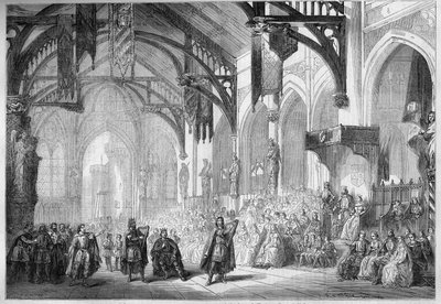 Reprezentacja opery: Pałac Landgrafów w Wartburgu. Scenografia aktu II „Tannhausera” Richarda Wagnera (1813-1883). Opera w Paryżu autorstwa French School