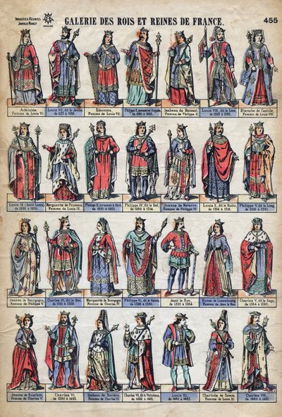 Reprezentacja królów i królowych Francji z dynastii Kapetynów (od Ludwika VII do Karola VIII). Ilustracja pod koniec XIX wieku. autorstwa French School