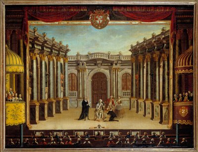 Reprezentacja „Wyimaginowanej Malady” Jeana Baptiste Poquelina dit Moliere (1622-1673) w Teatrze Minorka w Hiszpanii; widok sceny. Anonimowe malowanie autorstwa French School
