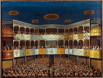 Reprezentacja „Wyimaginowanej Malady” Jeana Baptiste Poquelina dit Moliere (1622-1673) w Teatrze Minorka w Hiszpanii; widok na halę i widownię. Malarstwo XVIII wieku. Paryż, Sztuka Dekoracyjna autorstwa French School