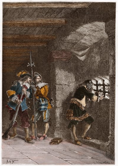 Reprezentacja żelaznej maski (zm. 1703) uwięziony na wyspie Sainte Marguerite autorstwa French School