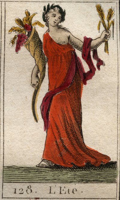 Reprezentacja sezonu letniego jako Ceres trzymająca wieniec pszenicy i róg obfitości. (Lato reprezentowane jako Ceres trzymająca liść i róg obfitości). Z „Mitologii młodości” Pierre