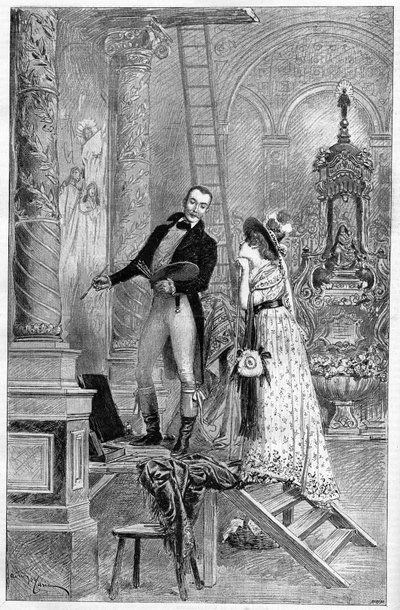 Przedstawienie Toski, dramat wiktoriańskiego Sardou w Theatre de la Porte Saint Martin w 1887 roku. Tutaj Akt 1, kościół św. Andrei z Dumeny i Henriette Rosine Bernard zwana Sarah Bernhardt (1844-1923) autorstwa French School