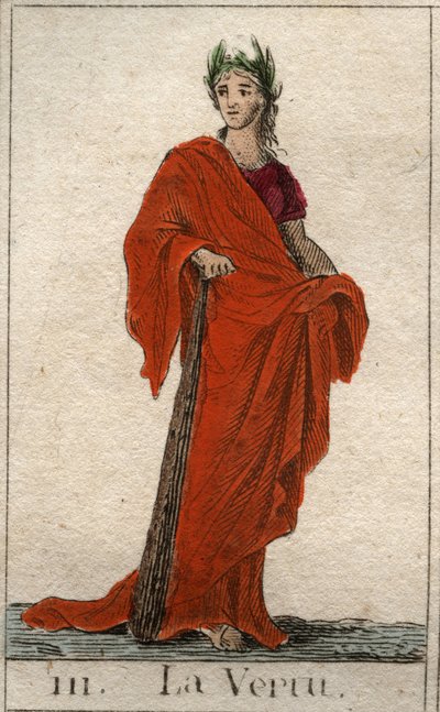 Przedstawienie boga cnoty, młodej kobiety o szczerej twarzy. (Reprezentacja Cnoty, jako młoda kobieta o wyprostowanej twarzy). Z „Mitologii młodości” Pierre