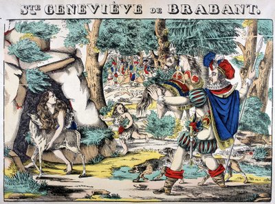 Przedstawienie legendy o św. Genevieve z Brabancji. Scena spotkania porzuconej w lesie Genevieve z mężem. Obraz Epinal autorstwa French School