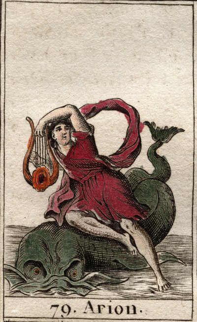 Reprezentacja legendarnego greckiego poety Ariona de Methymne, zaklinacza delfinów przy swoim cytarze (Reprezentacja Ariona, greckiego poety czarującego delfiny graniem na kitharze). Z „Mitologii młodości” Pierre