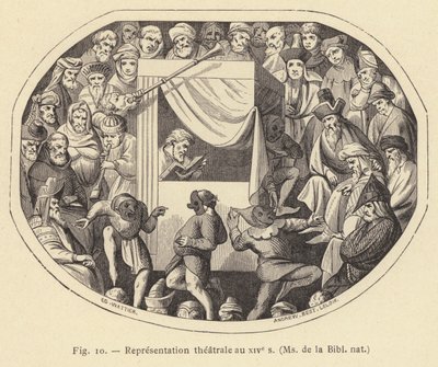 Przedstawienie teatralne w XIV wieku, Pani de la Bibl nat (rycina) autorstwa French School