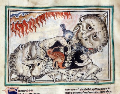 Przedstawienia stworzeń podziemnego świata bijących przeklętych. Miniatura zaczerpnięta z „Apokalipsy z Cambrai” oświeconej przez Szkołę Francuską z XIII wieku. Pani 422. Biblioteka Miejska, Cambrai autorstwa French School