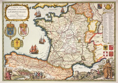 Reprodukcja mapy tras św. Jakuba z Compostel, oryginalnie wyryta przez D.Serveaux 1648 autorstwa French School