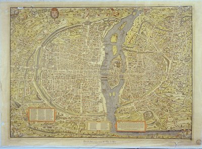 Reprodukcja Bazylejskiej Mapy Paryża, pierwotnie wyprodukowanej w latach 1552-59 autorstwa French School